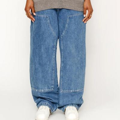 Oversize Blue Cargo Jeans for Women Vintage Washed Wide Leg Jeans Female Streetwear Casual Baggy Patchwork Denim Trouser