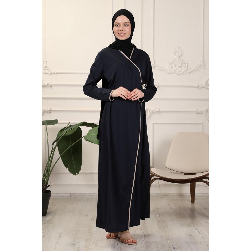 Black Double Breasted Neck Piping Flexible Interlock Fabric Prayer Dress