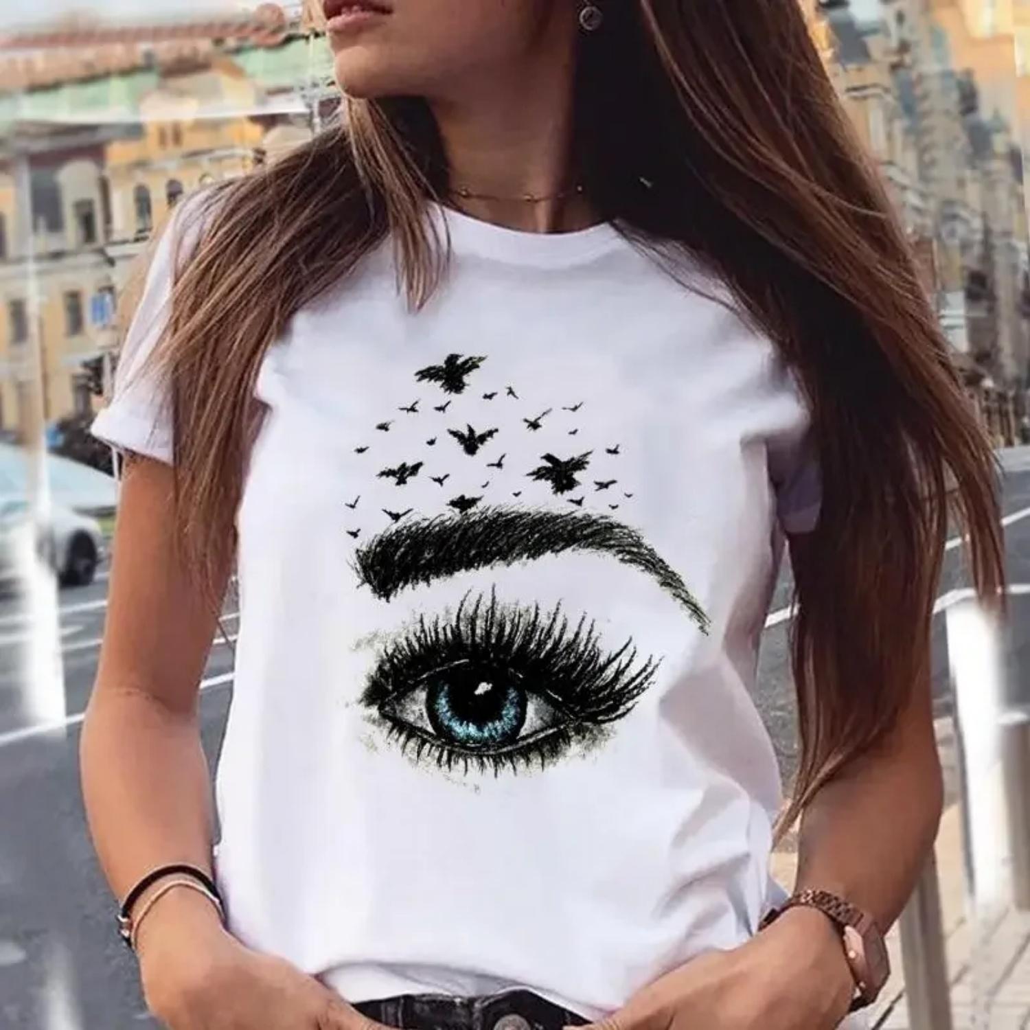 

Women Watercolor New Cute Graphic Make Up Eyelash Cartoon Summer Female Clothes Fashion Print Tops Tees Tshirt T-Shirt XXXXXL