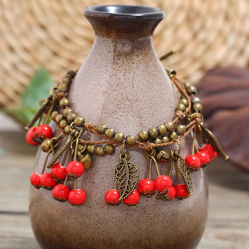 Retro literary and artistic small fresh cherry bracelet female fruit fringed ceramic hand rope handmade jewelry