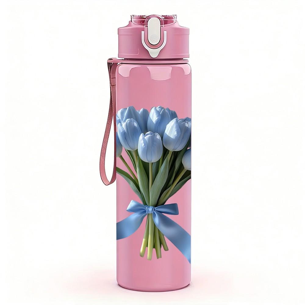 1PC Blue Cornflower Bouquet With Ribbon Print 750ml Color Plastic Sports Water Bottle Leakproof Flip Straw Lid Suitable for Sports Office Home Use