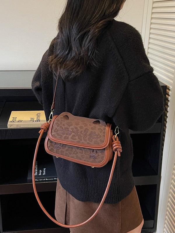 Korean Style Cartoon Kitten Crossbody Bag - Cute Retro Matte Shoulder Bag for Girls and Students