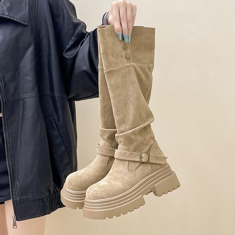 Retro British Style Thick-heeled Thick-soled Boots for Women's Autumn and Winter Fashion Versatile Suede and Thin Two Wear High-heeled Knight Boots