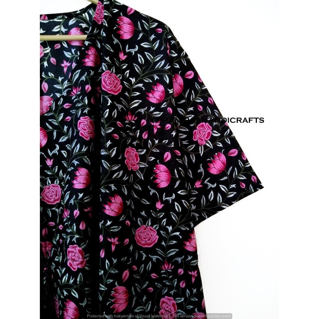 Damen Sommer Baumwolle Nachtwäsche Rosenmuster Schwarz Lang Maxi Ethnisch Kaftan Kleid CKFTN-SCRN-FULL-BUYIT-060