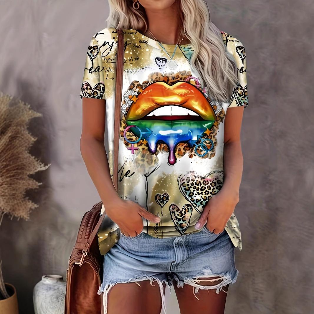 

Summer Round Neck Abstract Creative Patterns 3D Print Top Fashionable Casual Short Sleeved Women s T-shirts S
