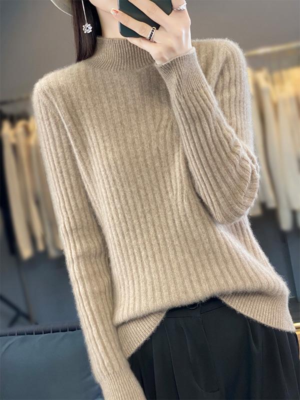 Women's Solid Color Knit Pullover: Autumn & Winter Casual Wool Sweater with Half-High Neck
