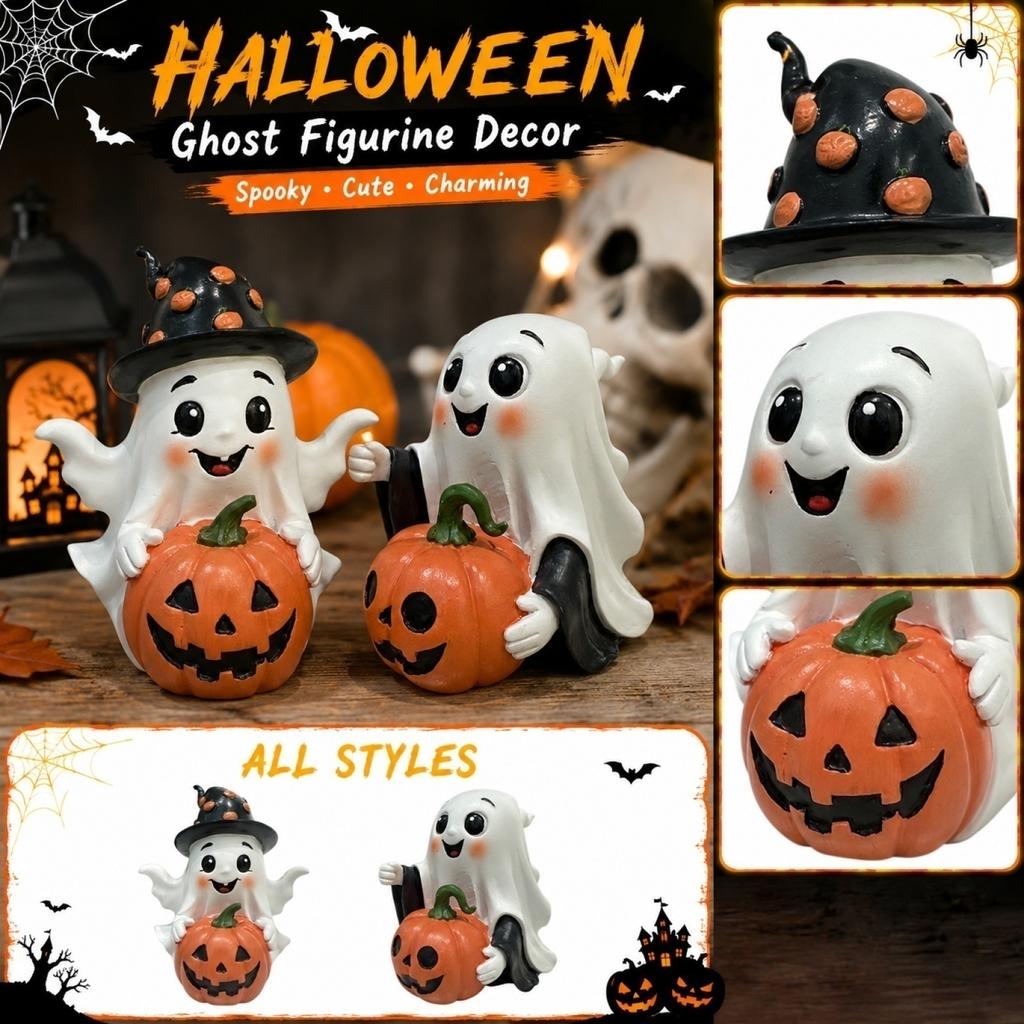 Halloween Ghost Pumpkin Statue Figurine Holiday Decoration for Indoor Outdoor Tabletop Display Ornament Sculpture