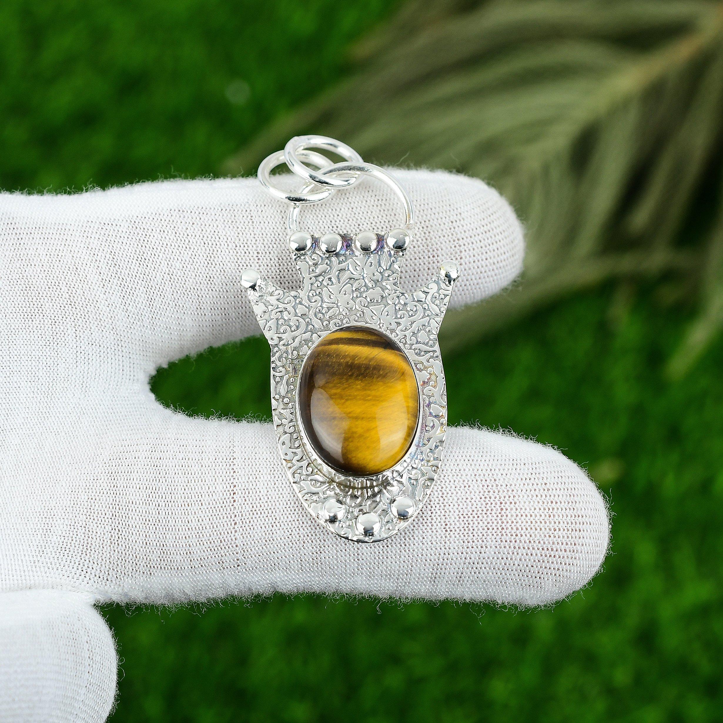 Mothers day Deal Tiger Eye Gemstone 925 Sterling Silver Bezel Birthday Pendant