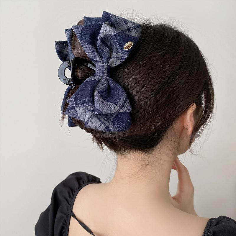Retro Plaid Shark Clip Korean Temperament Bow Ponytail Clip Hair Accessories