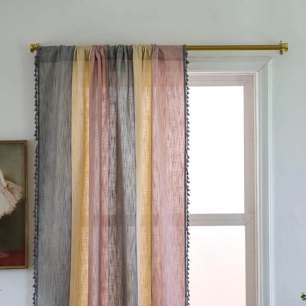 Finished Curtains Cotton And Linen Fabric Striped Color Matching Gray Fringed American Farmhouse Coffee Curtain