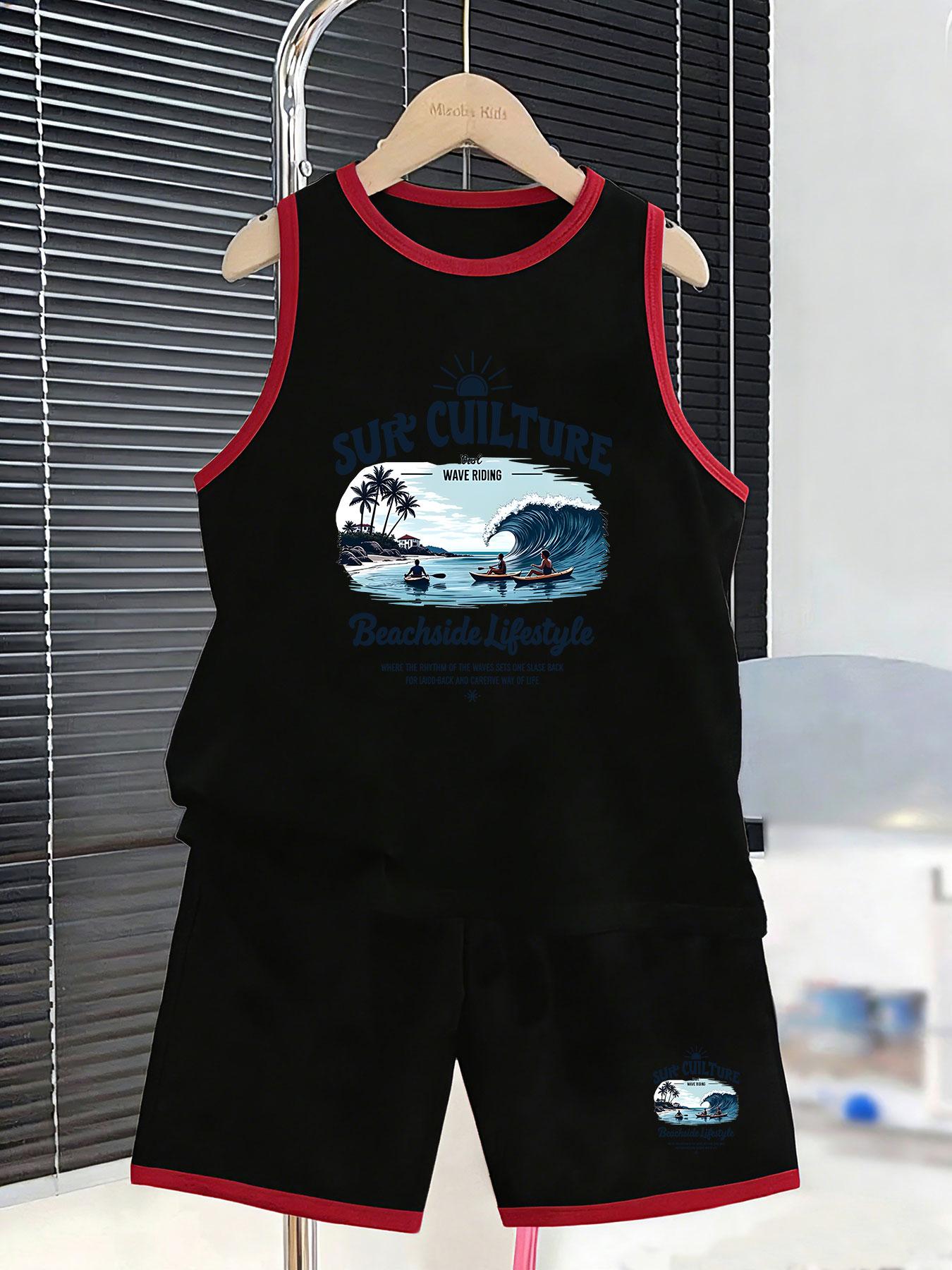

Boys’ surfing vest & shorts set. Breathable fabric, beach vibe prints, loose fit for summer outdoor trips. 2-3Y чёрный