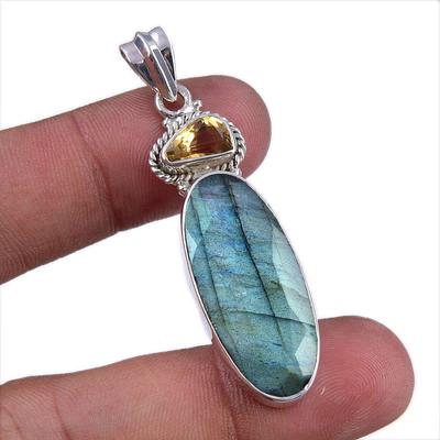 Natural Labradorite, Citrine Gemstone Handmade 925 Solid Silver Pendant 2" W3q72
