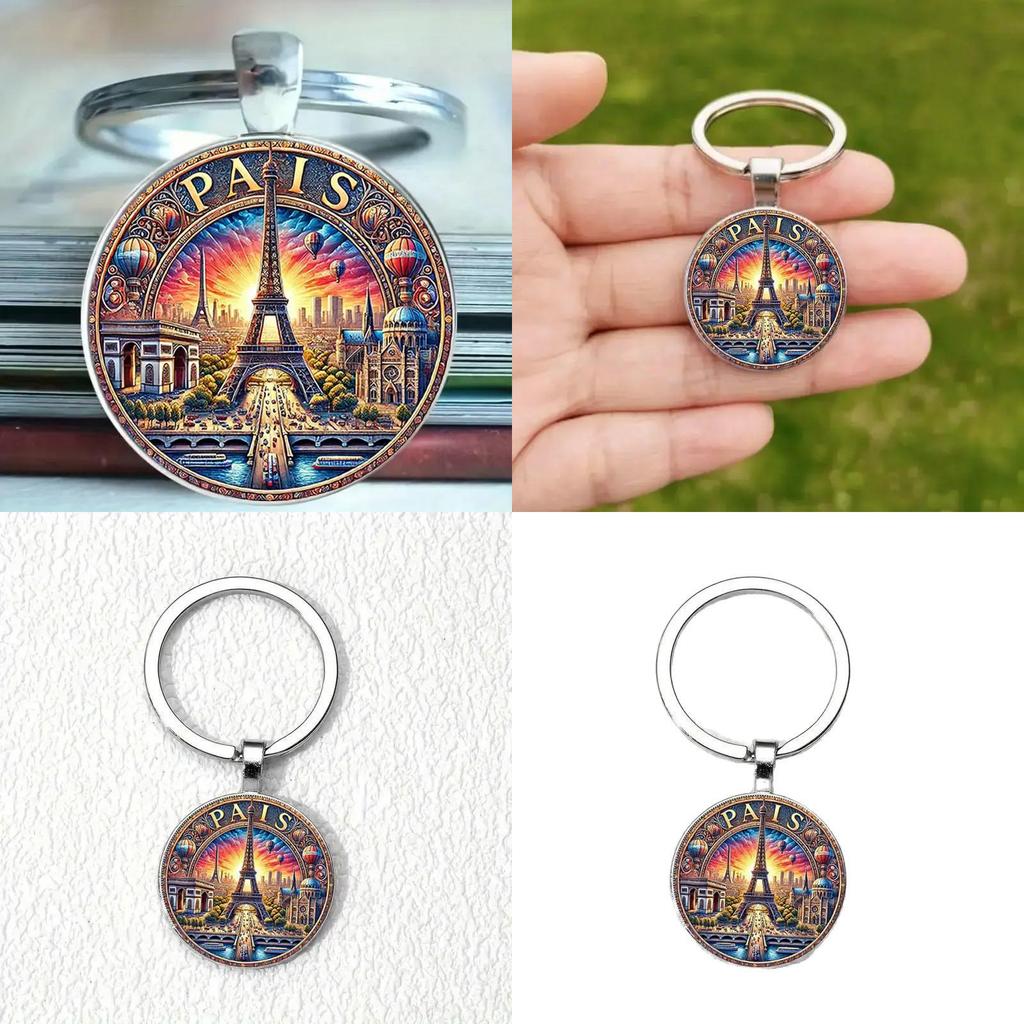 Paris Dusk Scene Keychain With Glass Alloy Pendant For Gift And Decor