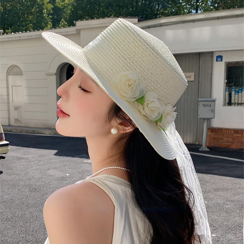 Women's Spring and Summer French Style Bowknot Floral Straw Hat Beach Sun Protection Hat UV Protection Sun Hat Fashionable Headwear