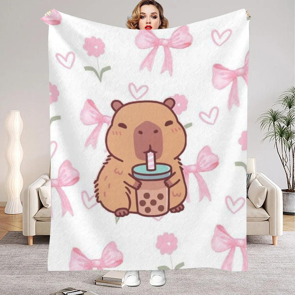 1Pc Pink Digital Printed Capybara Style Flannel Blanket Mattress Cover Blanket for Family BedsSofasOfficesOutdoor Camping