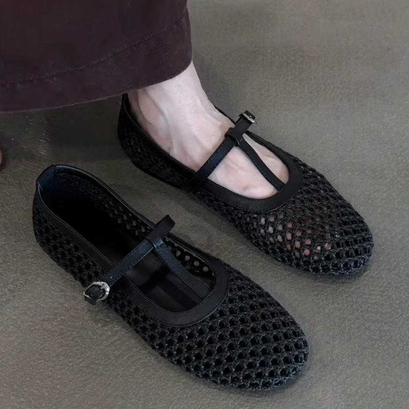 

Sheepskin version~ French retro woven hollow T-shaped buckle Mary Jane shoes femininity round head flat bottom light mouth single shoes 39 чёрный