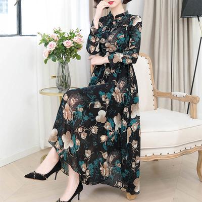 Women's Spring Summer and Autumn Four Seasons Models Slim Thin Temperament Ruffle Collar Chiffon Print Dress Long-sleeved Dresses