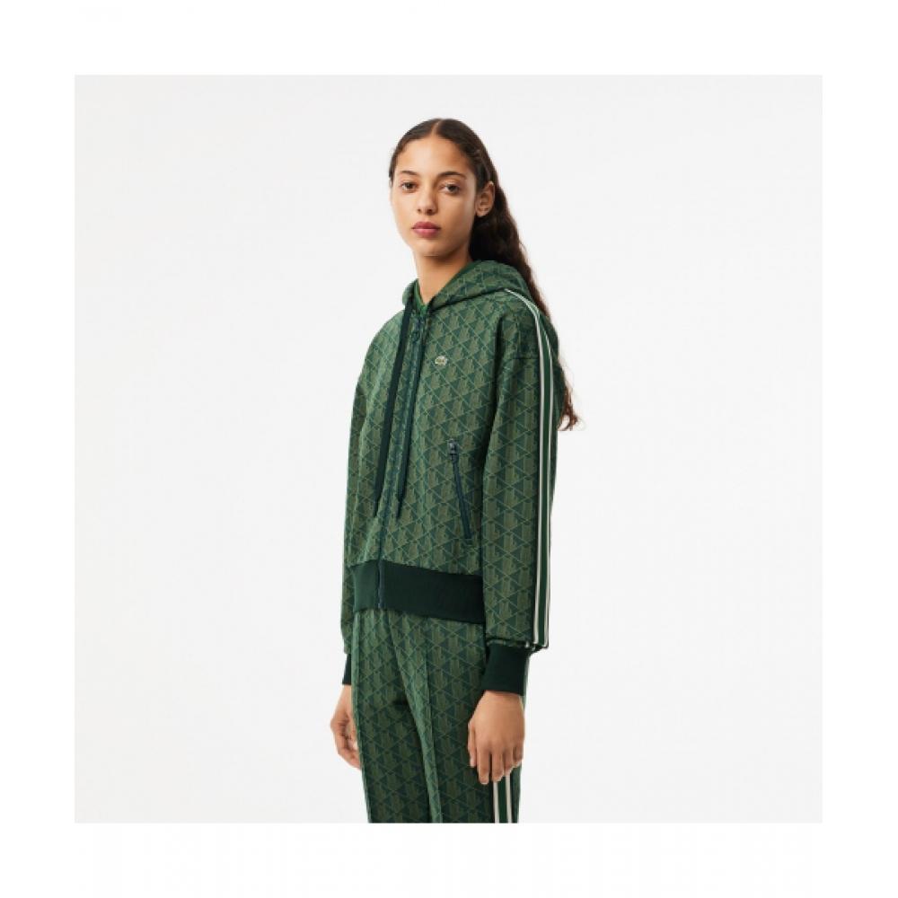 

LACOSTE Women s Monogram Hooded Zip Up Sweatshirt [Green]