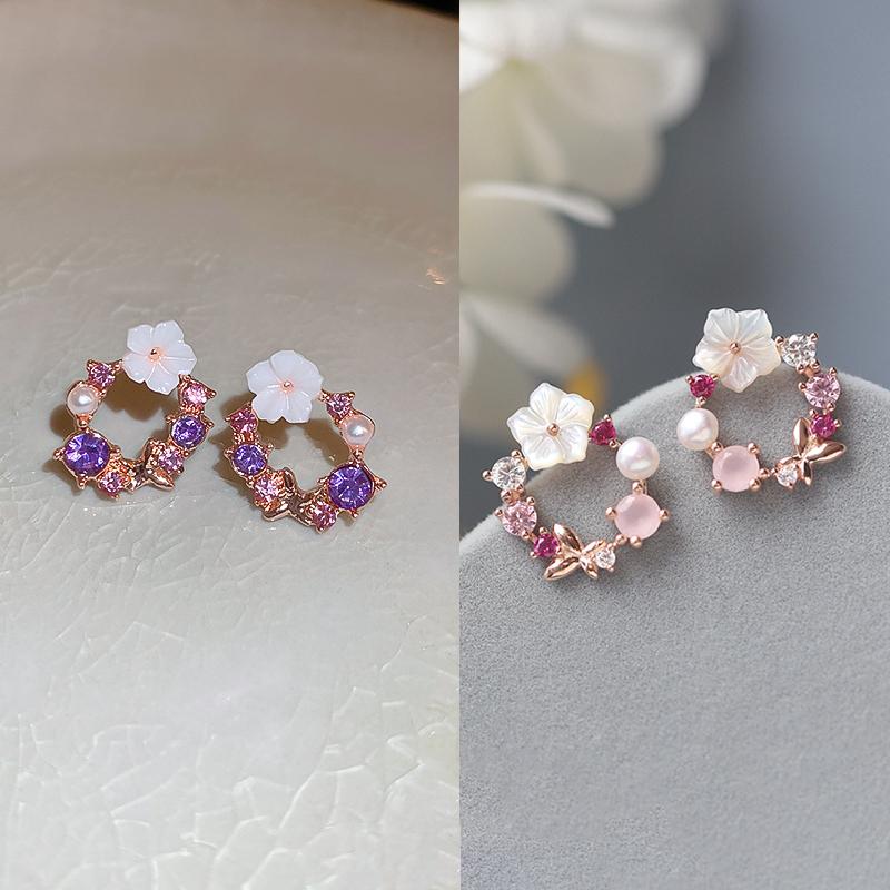 2 Pairs Flower Leaves Stud Earrings for Women Girls Korean Fashion Rhinestone Crystal Stud Earrings Party Banquet Zircon Gift