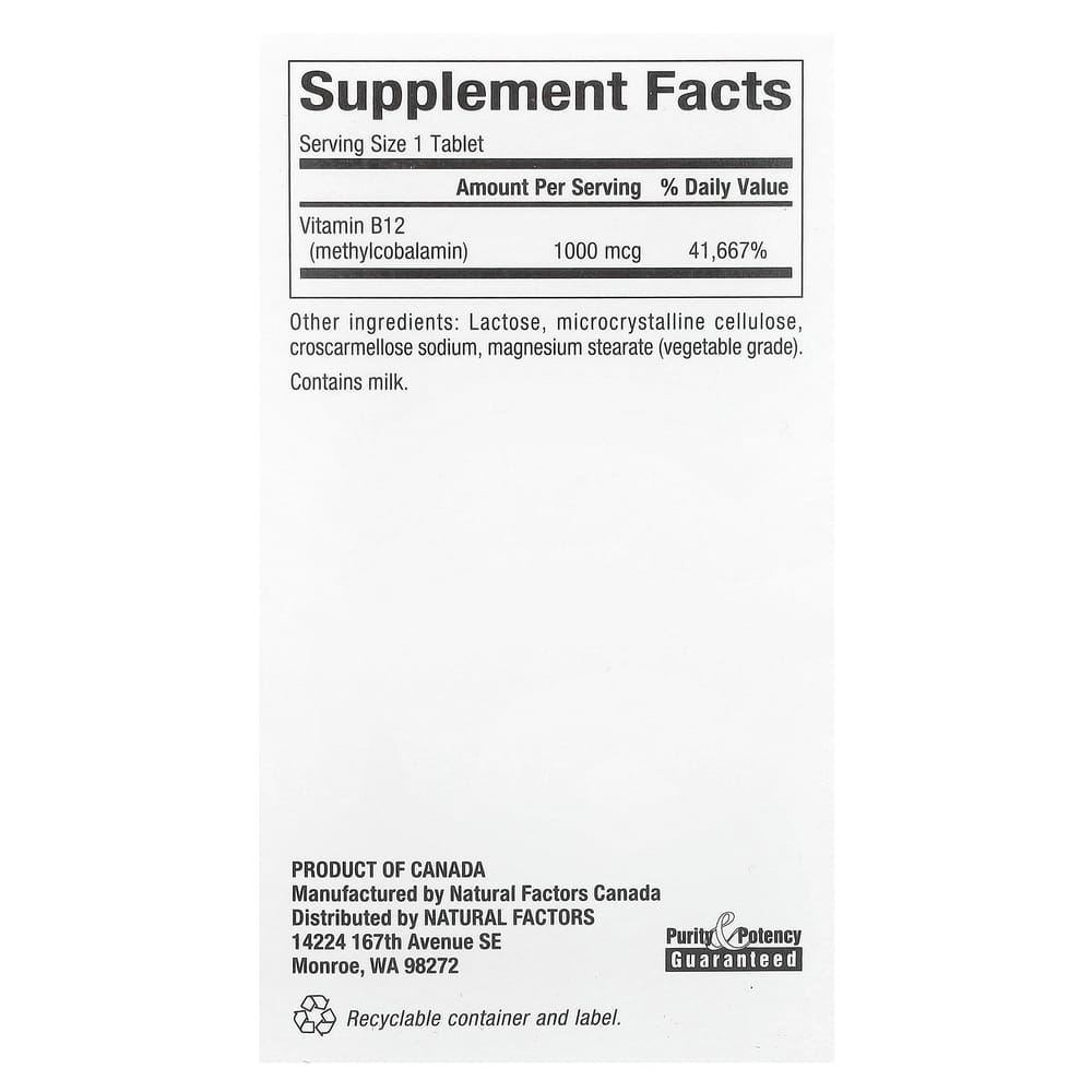 Natural Factors B12 Methylcobalamin 1000mcg Chewable Tablets, 180 Count