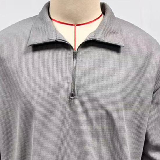 Men Sweatshirt Waffle Fabric Texture Long Sleeve Zipper Half Opening Classic Lapel Pullover Tops Solid Color Loose Fit Casual Sport Tops