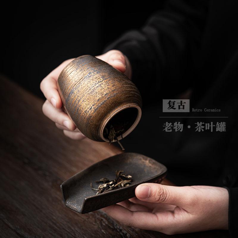 Ceramic tea can Small retro tea can Moisture-proof portable sealed jar Coarse pottery storage jar Household mini tea warehouse