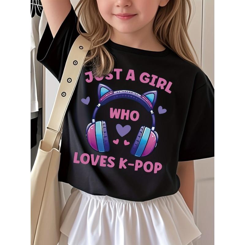 Rozmiary europejskie Dziewczęca koszulka „Po prostu dziewczyna, która kocha K-POP” | Casualowy top z okrągłym dekoltem na wiosnę i lato, na koncerty i do noszenia na co dzień - Przystępna cenowo marka Casual dla fanów