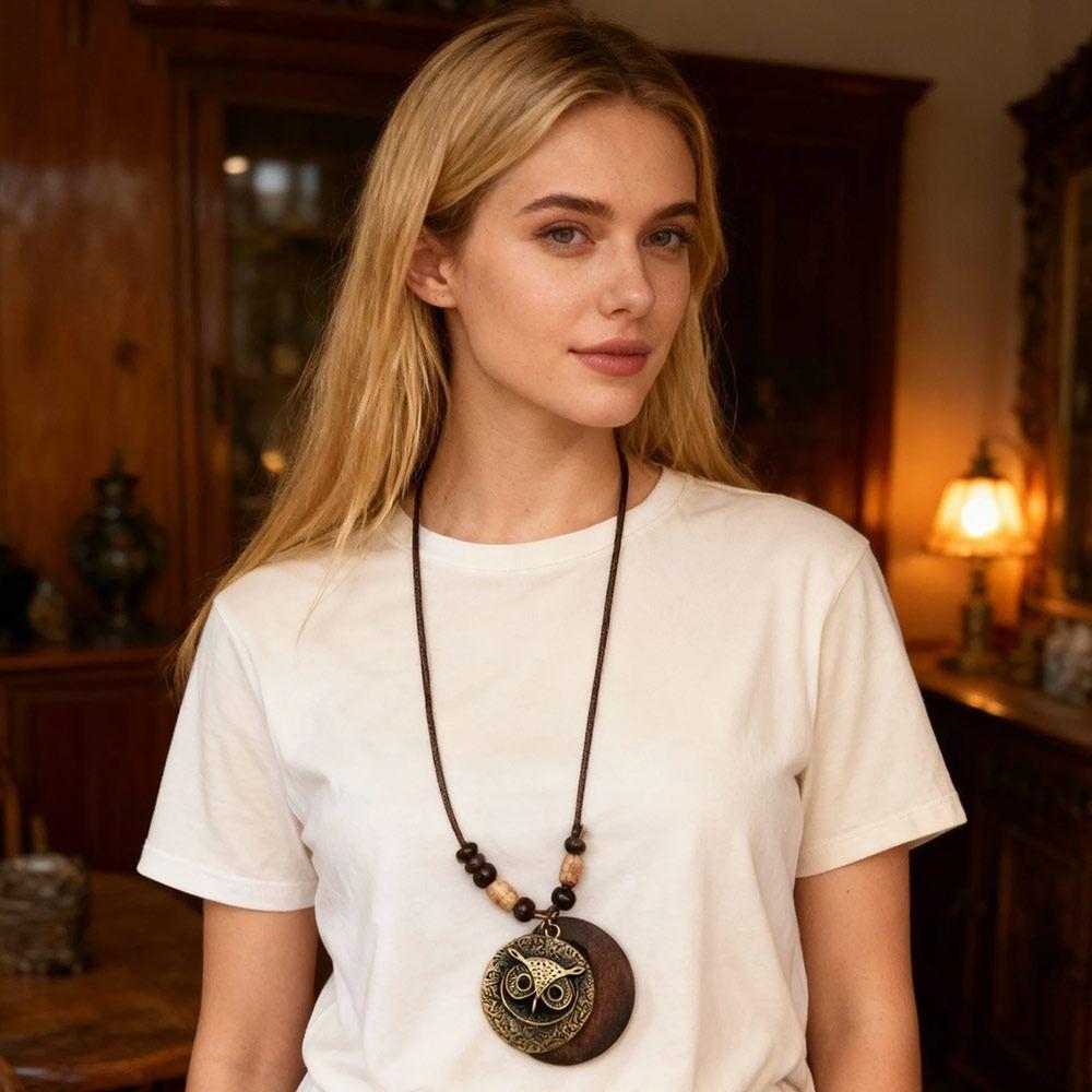 Vintage Boho Sweater Chain Leather Chain Long Wooden Pendant Necklace Handmade Hollow Leaves Clothing Pendant for Women Men