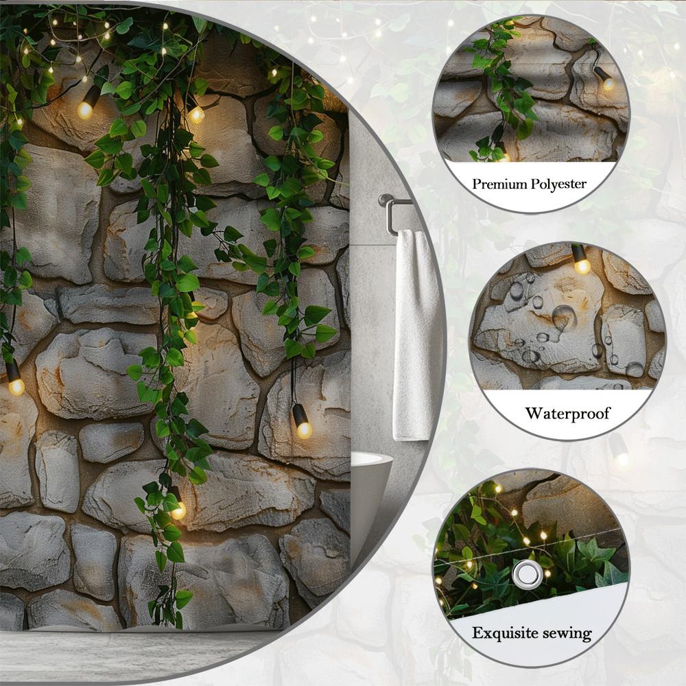 Rustic Stone Wall Shower Curtain Green Vines String Lights Nature Garden Design Cozy Bathroom Decor Waterproof Elevate Space
