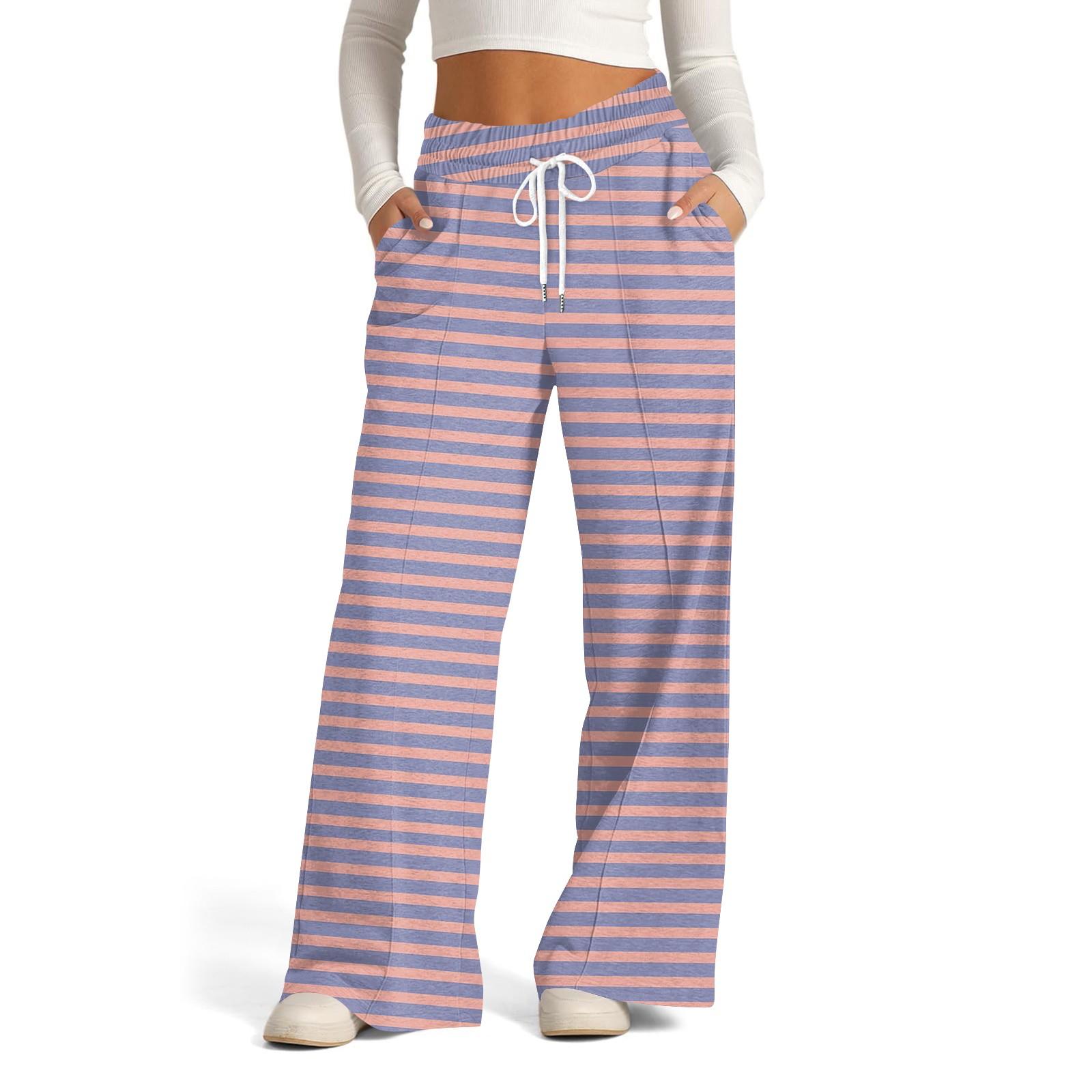 

Women s Wide Leg Casual Pants High Waist Striped Sports Pants S рожевий