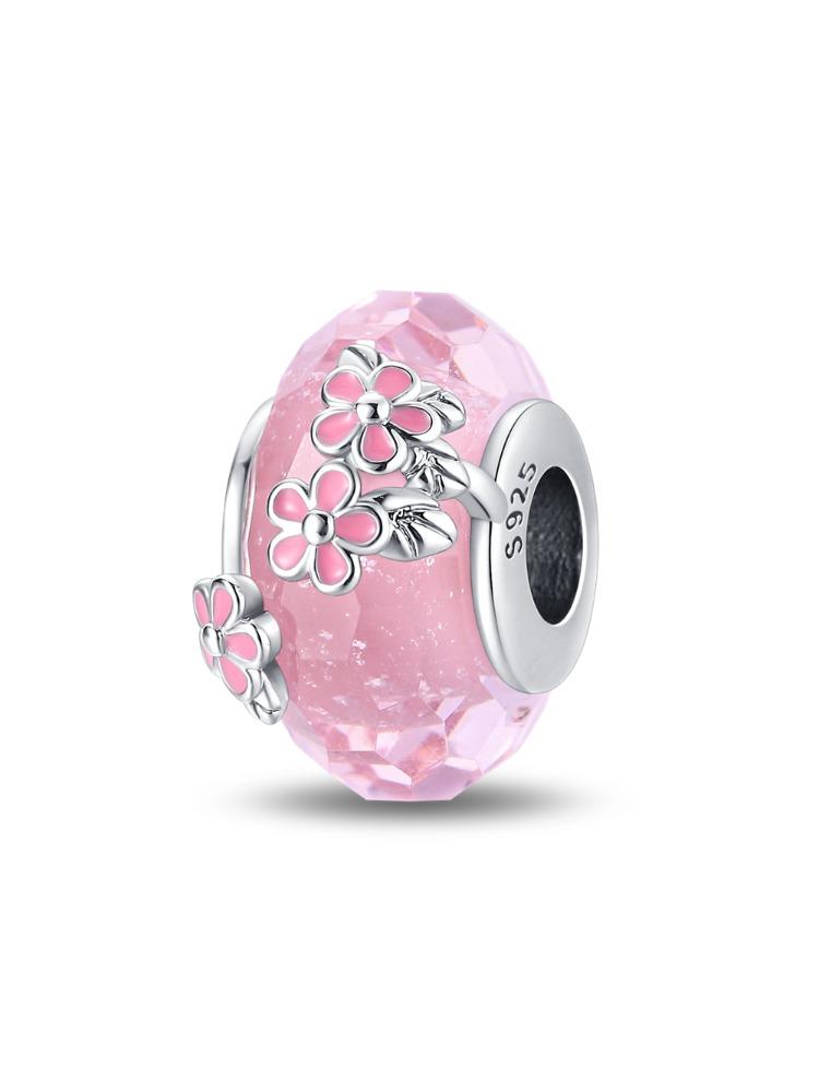 925 Silver Pink Glass Charm Pendant with Cubic Zirconia for DIY Bracelet Necklace Women Gift