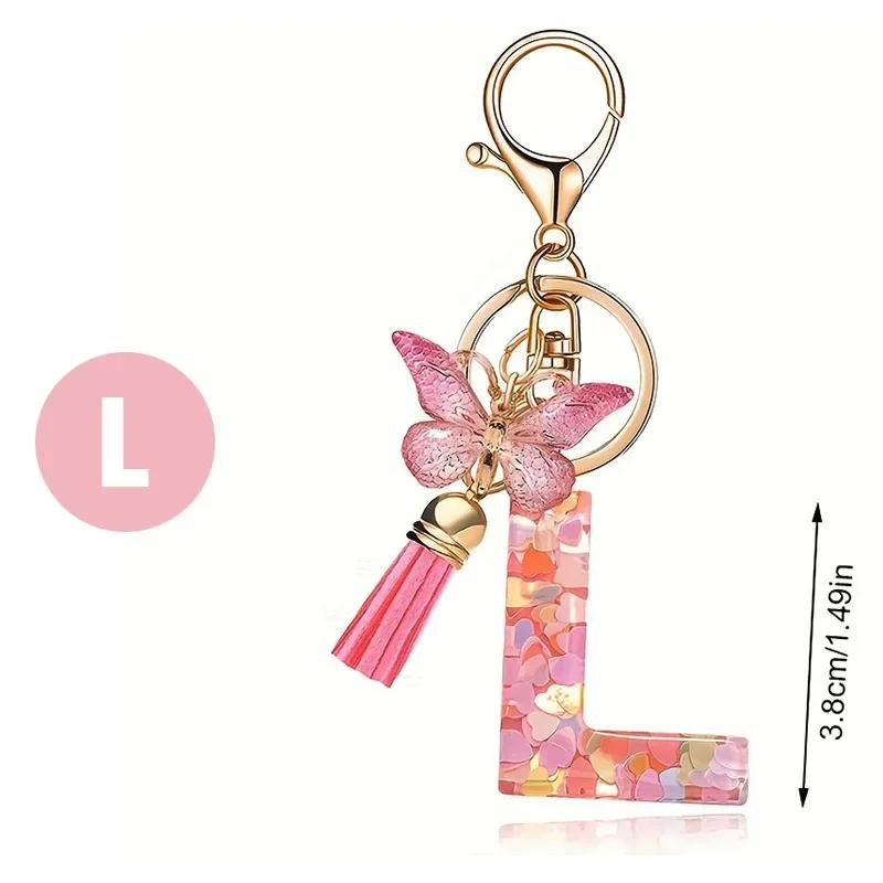 A-Z Dreamy Letters Keychain for Women Tassels Butterfly Pendant Initial Keyrings Purse Suspension Bags Car Key Chain Pink