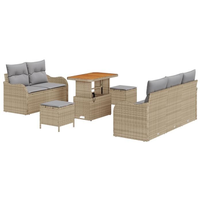 Ensemble de Sofa de Jardin 8 Pièces avec Coussins Beige Poly Rotin Acacia, Sofa de Jardin 2 Places avec Coussins Beige Poly 3362212
