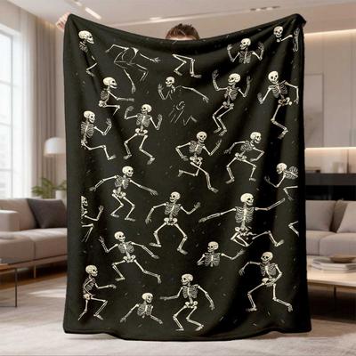 2026 Latest Flannel Blanket 1pc Spooky Cute Dancing Skeletons Throw Blanket Soft Flannel Cozy & Day of the Dead Decorations Black Background with Whit