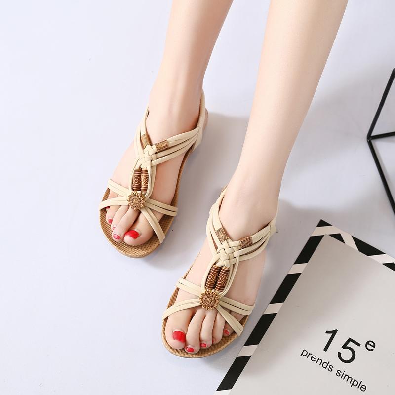 2024 New Summer Sandals Women's Round Toe Open Toe Flat Sandals Slip-on Casual Women Sandals Beaded Sandals Beach Shoes