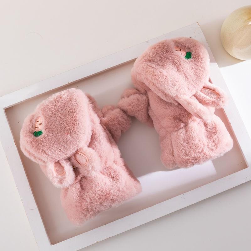 Mănuși cu urechi de iepure de pluș de toamnă și iarnă: Design drăguț cu jumătate de deget de desene animate, cald, compatibil cu ecran tactil pentru studenți și femei