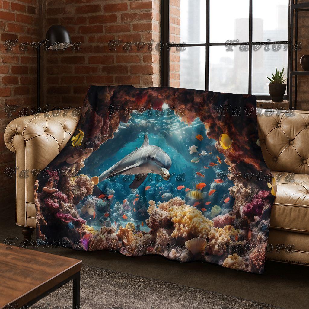 26 Style 3D Illusion Sea Underwater World Dolphin Flannel Blanket,Cozy Soft Throw Blanket for Home Bedroom Bed Sofa Cover Gift