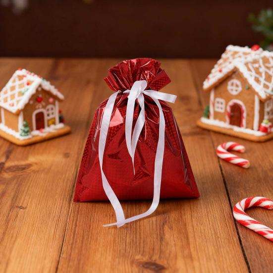 10 Pcs Christmas Drawstring Gift Bags Holiday Foil Gift Bags Reusable Xmas Gift Wrapping Bags for Gifts Presents Xmas Party Favors