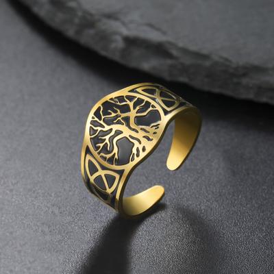 Titanium Steel Tree of Life Ring Personality Trend Hip Hop Punk Stainless Steel Smear Opening Rings for Men
