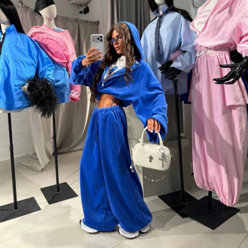 Womens Loose Fit Solid Color Lounge Set Long Sleeve Zip-Up Hooded Top Wide Leg Pants 2-Piece Comfortable Casual Outfit