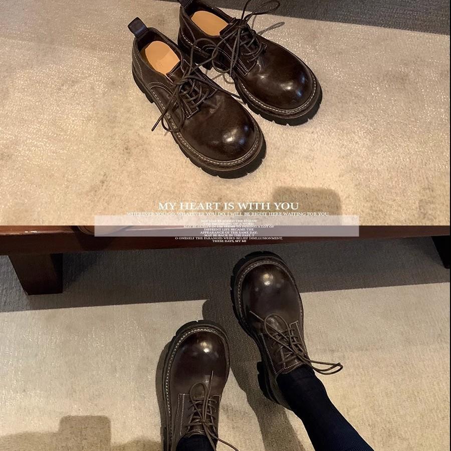 Cowhide version~ Grape mother same loafers women's single shoes lace-up washed shrinkage horse leather thick-soled retro small leather shoes