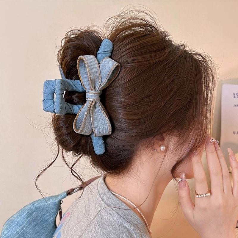 Leopard Print Bow Hair Claw Women Large Claw Clip Satin Solid Color HairClip Denim HairAccessories