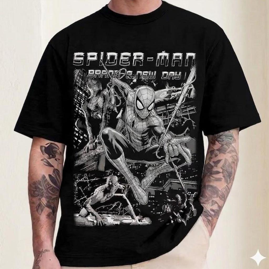 Spider-Man Brand New Day Graphic Tee | Retro Comic Book Spider-Man Black T-Shirt | Vintage Superhero Comic Panel Tee for Fans