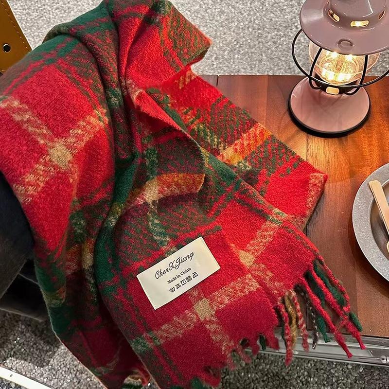 Autumn And Winter  Plaid Scarf For Women Korean Style Versatile Shawl Warm Christmas Wool Neck Scarf