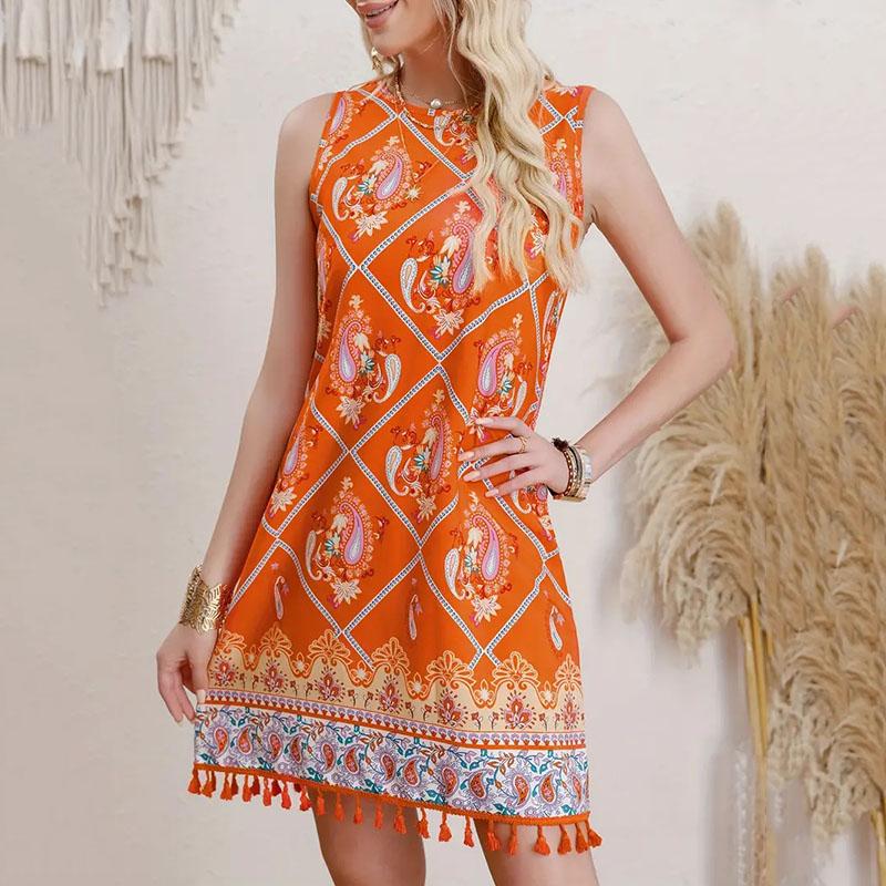 Kadın Bohem Tatil Stili Baskılı Püsküllü Yaz O Yaka Kolsuz Tek Parça Elbise