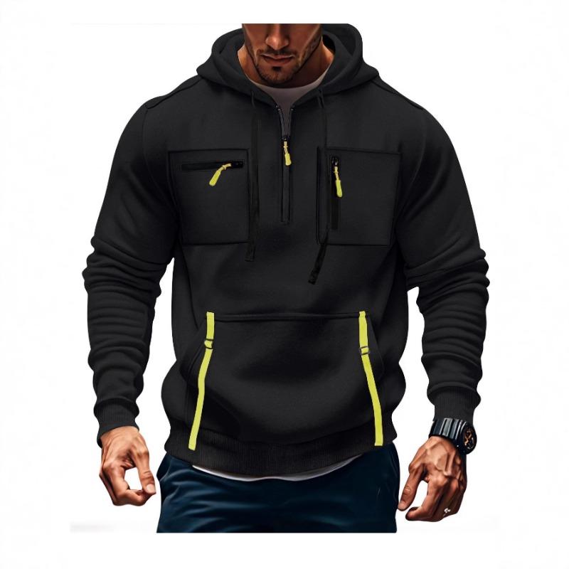 2025 Hoodie Men's Sweatshirt Fashionable Zipper Pocket Simple Solid Color