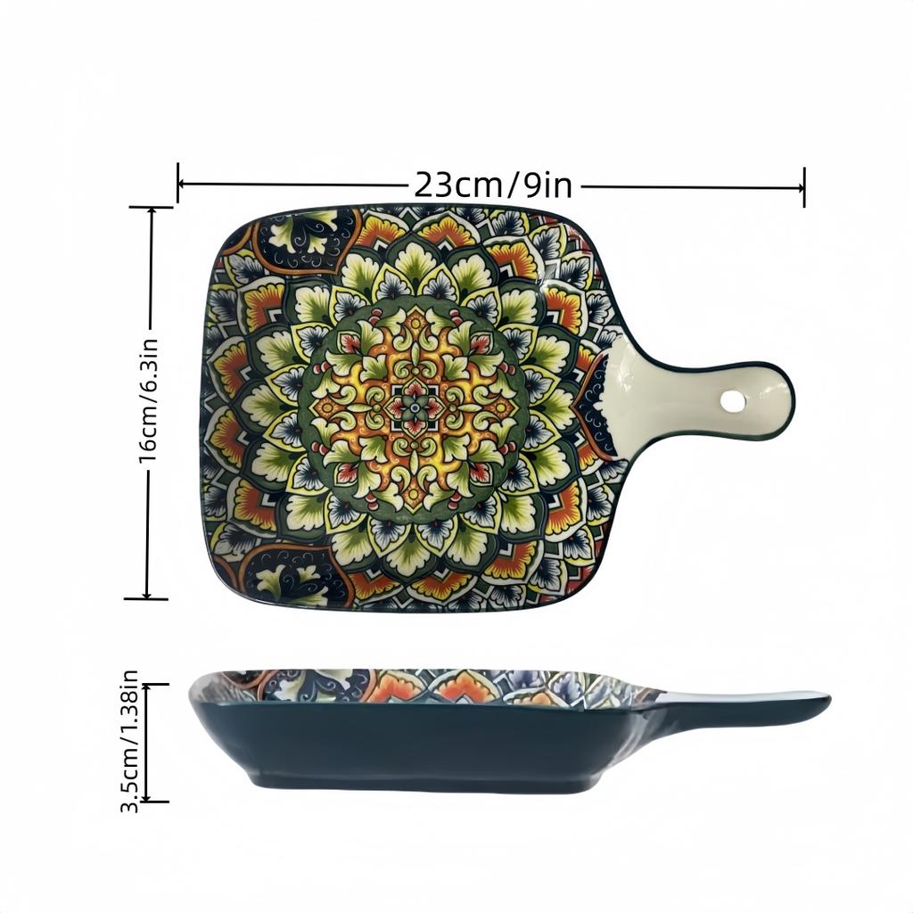 Bohemian Handle Square Ceramic Plate, Creative Household Dish Plate, Internet Celebrity Fruit Pasta Plate, High-value Snack Plat