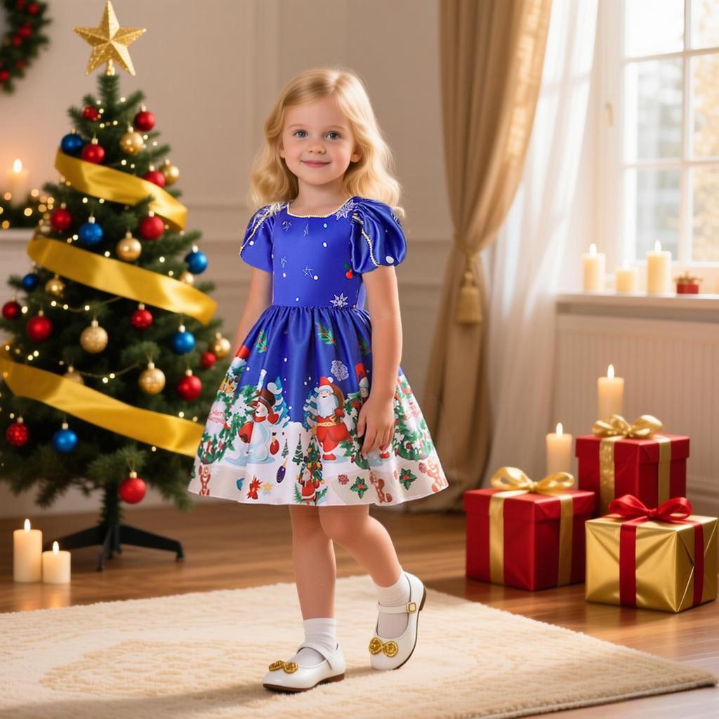Vestido de Piano de Cetim de Desenho Animado de Natal Europeu e Americano para Meninas