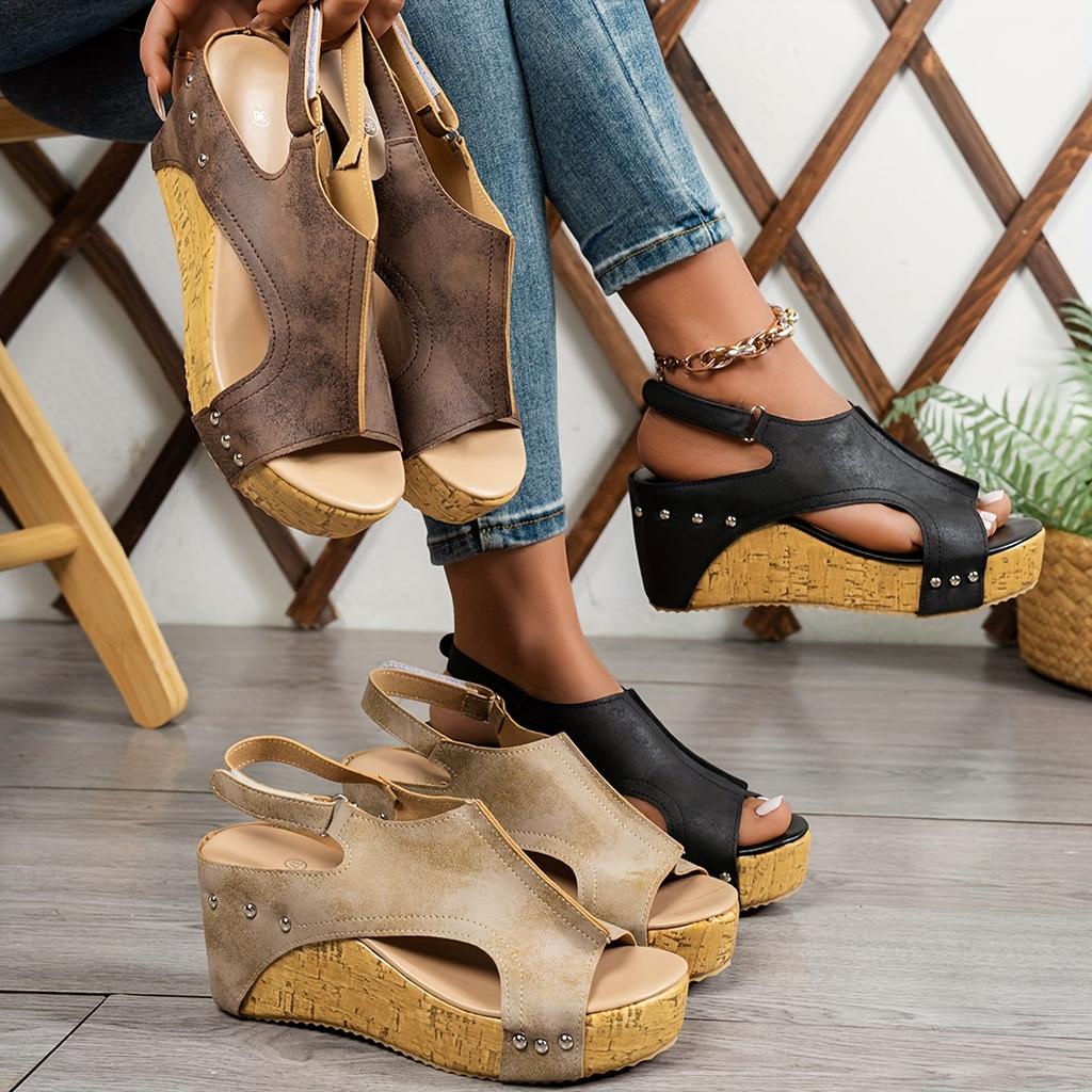 Sandali Donna Piattaforma Monocolore, Scarpe Slip-on Piattaforma Suola Morbida Borchiate, Sandali Donna Estivi Zeppa Taglio Laterale