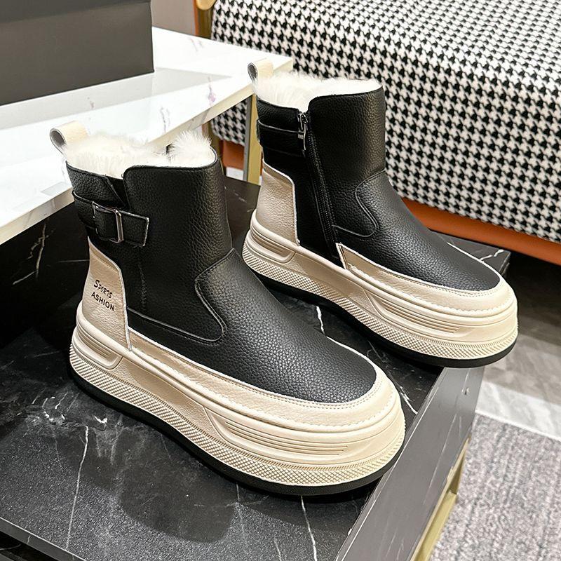 Women's Fur One Thick Bottom Heightening Winter Lightweight Padded Warm Snow Boots Non-slip Wear Leisure Sports Leather Waterproof Martin Cotton Boots